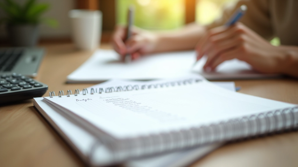 Close-up of budget planning notebook with handwritten monthly expenses, calculator, and pen on wooden desk