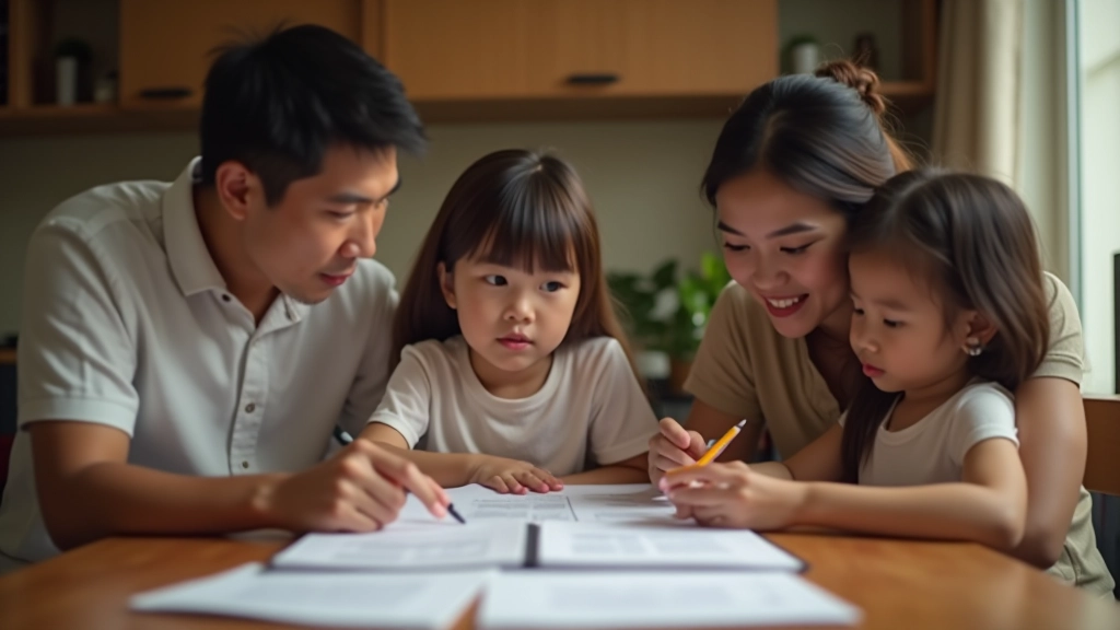 Malaysian family reviewing household budget together at dining table with notebook and calculator