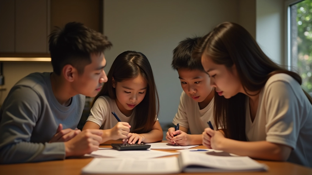Malaysian family planning monthly household budget at kitchen table with calculator and expense notebook