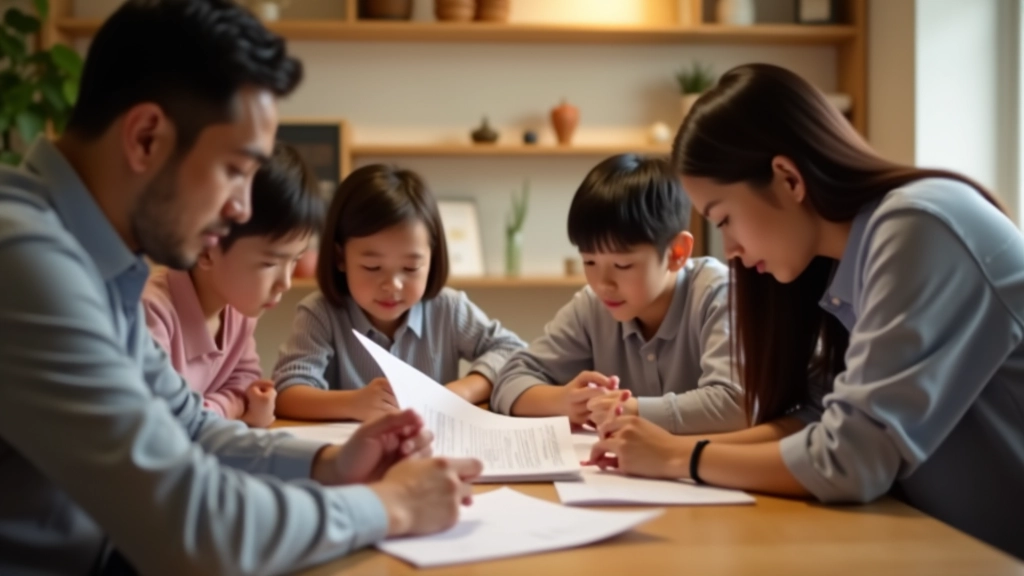 Family sitting together at dining table reviewing financial documents and budget plans