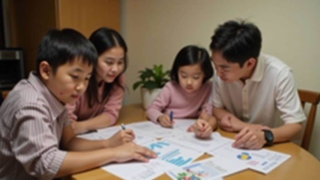 Family sitting together reviewing monthly budget and financial goals written in notebook