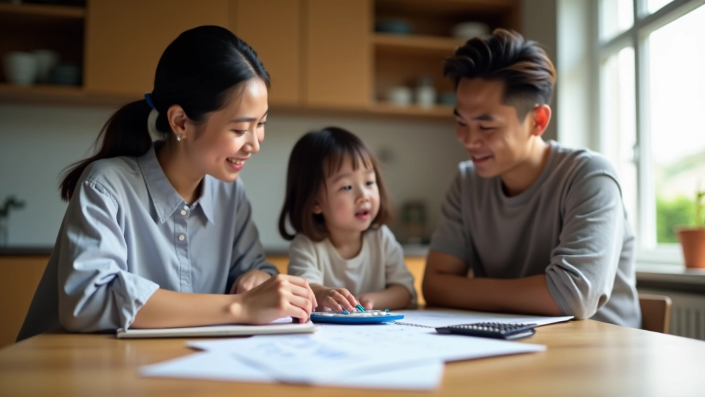 Family sitting at kitchen table reviewing budget documents and calculator together
