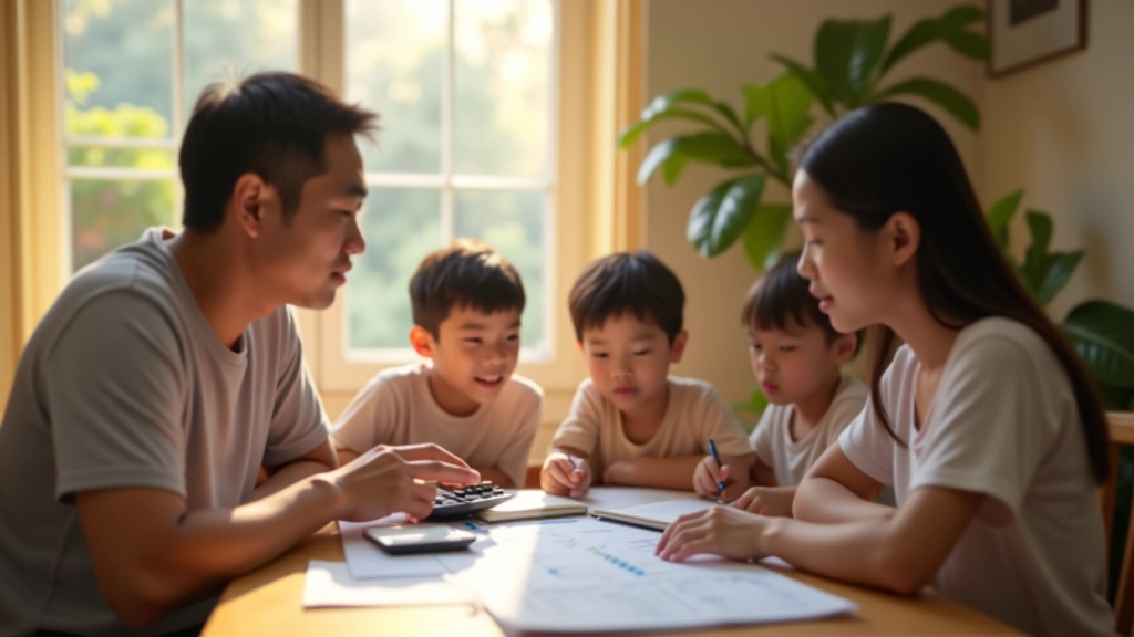 Family reviewing monthly budget together at home