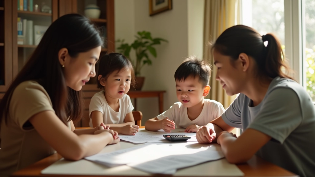 Family reviewing budget documents