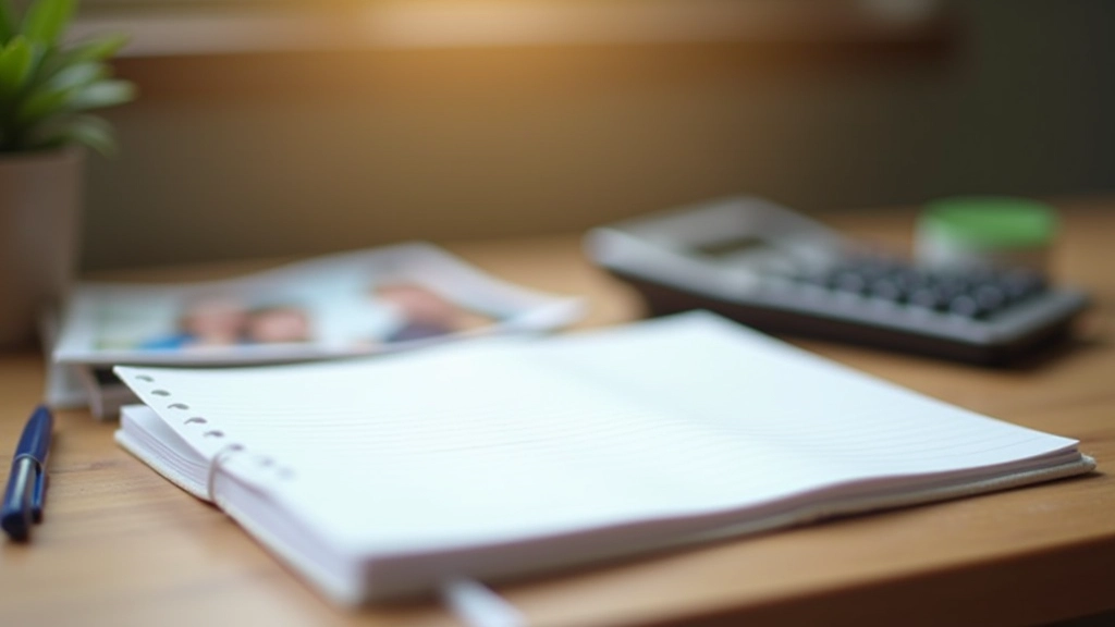 Open notebook with handwritten household budget notes, calculator, and family photos on wooden table