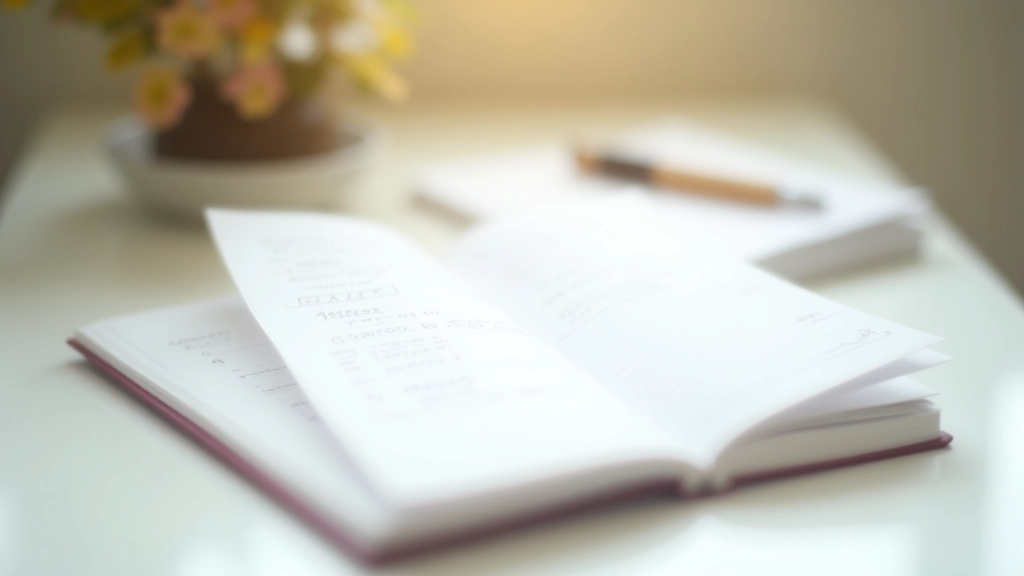 Notebook with handwritten budget notes, pen, and calculator arranged on light colored table surface