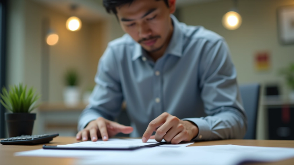 Person reviewing budget document at wooden desk with calculator and coffee cup