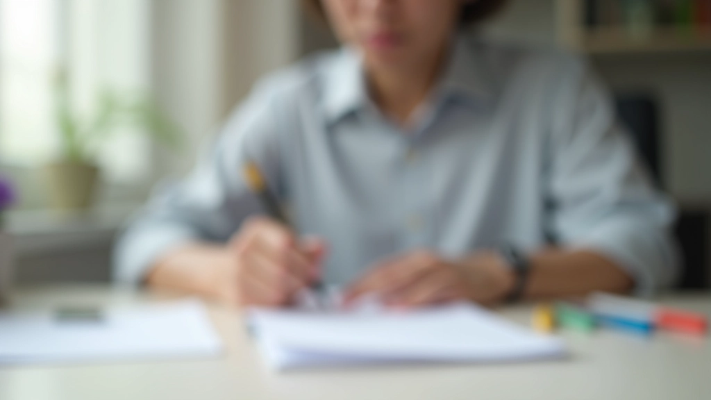 Person writing in notebook with budget planning worksheet, colored pens, and financial planning materials on desk