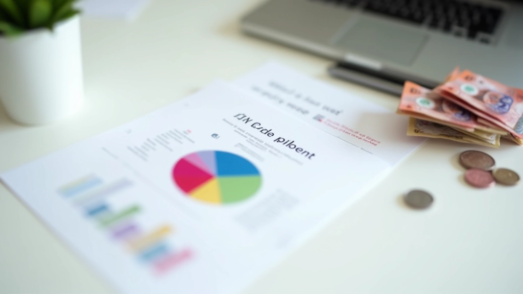 Colorful pie chart visualization showing 50-30-20 budget split with Malaysian ringgit notes and coins