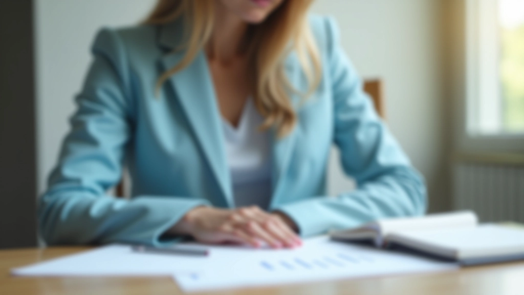 Woman seated at wooden desk reviewing budget documents and financial notes with laptop nearby